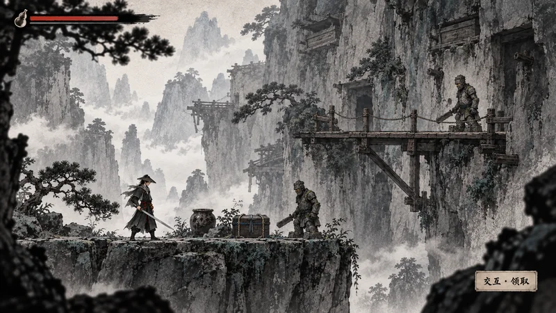 巉隙概念图：云雾里的悬崖，崖壁上挂着木栈道